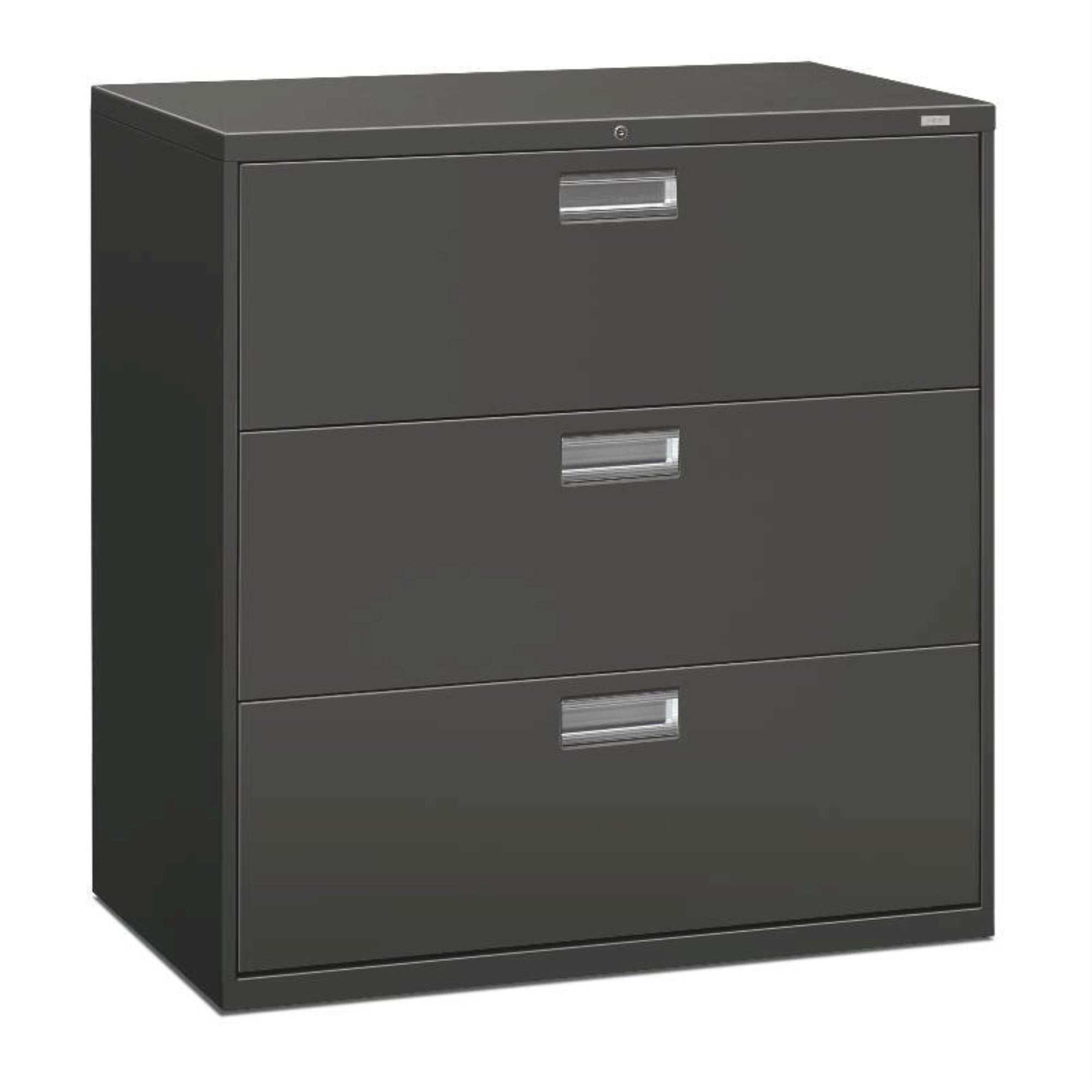Hon Brigade 600 Series Lateral File | 3 Drawers | Polished Aluminum Pull | 42W X 18D X 39.1H | Charcoal Finish