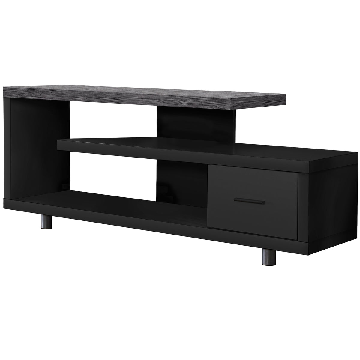 Sleek And Modern Ergode Tv Stand  Black Finish With Grey Wood Grain Top, Open Shelving, And Media Storage Drawer. Suitable For