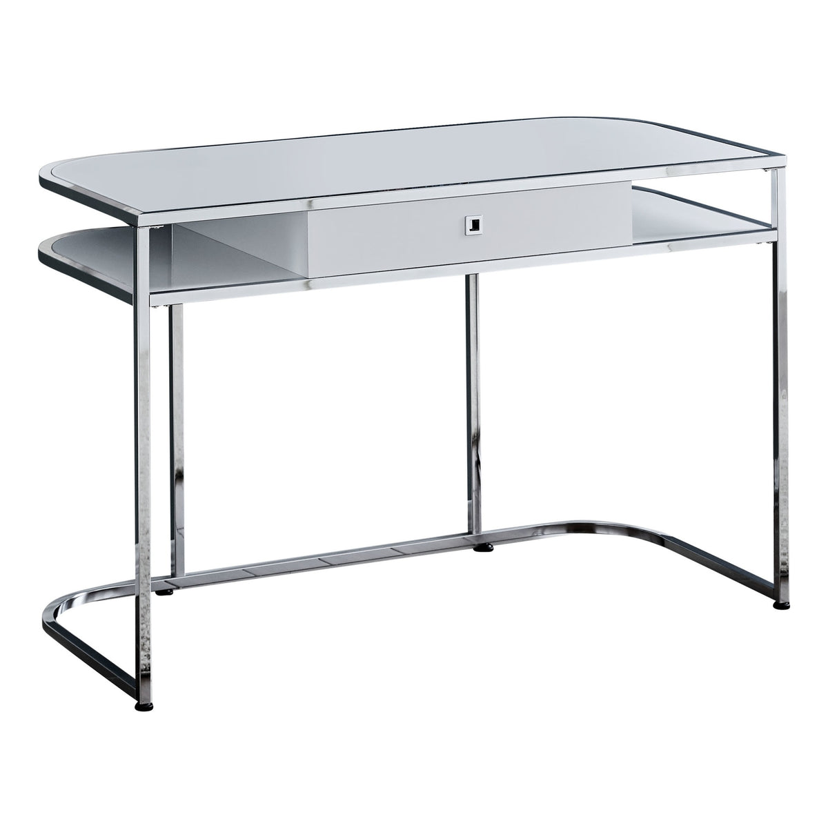 Ergode 48 Inch L Computer Desk  Glossy White/Chrome Metal  Stylish & Functional Home Office Desk With Storage Drawer & Shelves