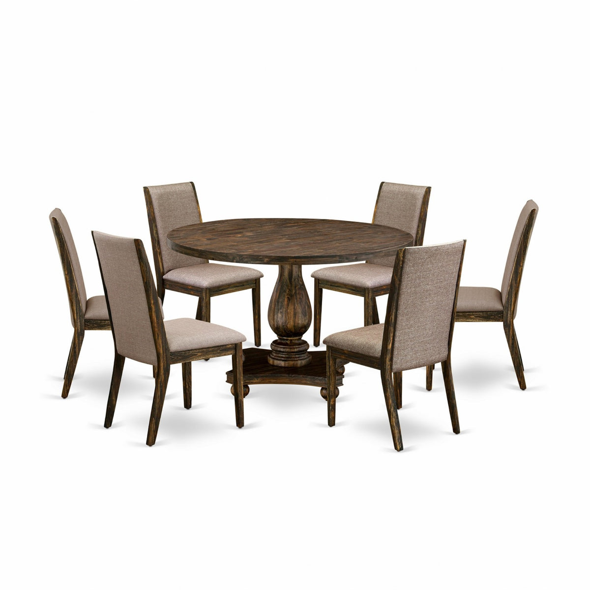 I2La7716 7Pc Dining Set  Round Table And 6 Parson Chairs  Distressed Jacobean Color