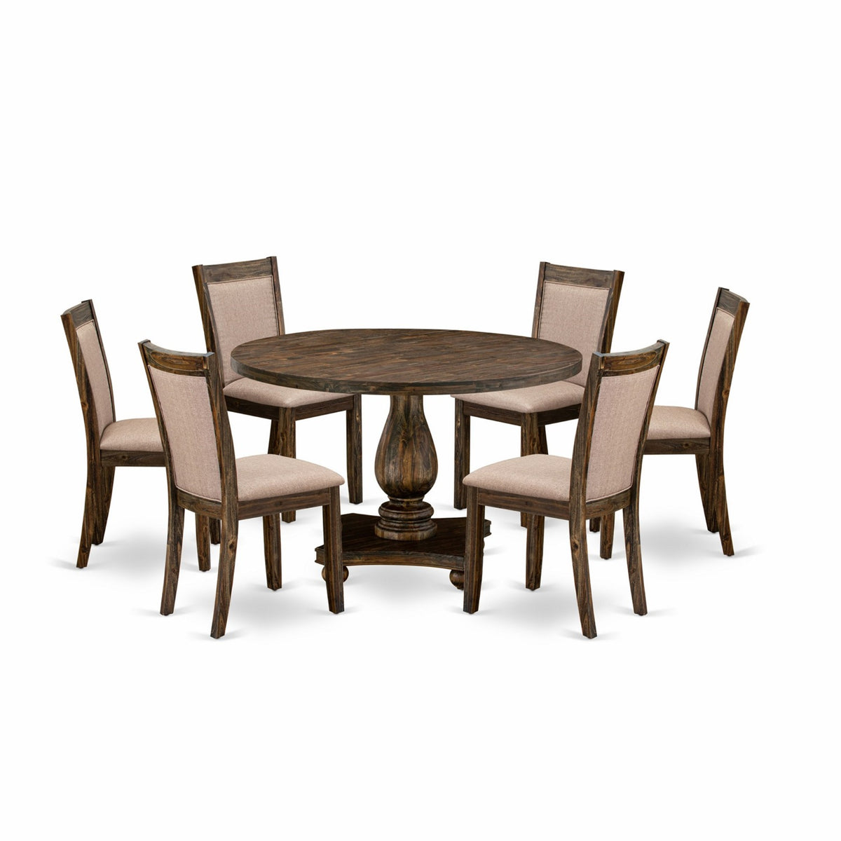 I2Mz7716 7Pc Dining Set  Round Table And 6 Parson Chairs  Distressed Jacobean Color