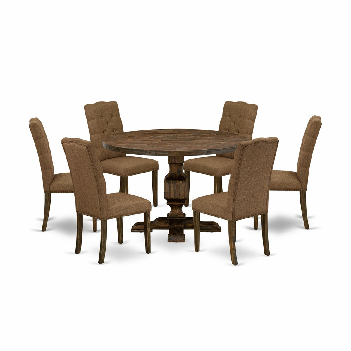 I3El7718 7Pc Dining Room Set  Round Table And 6 Parson Chairs  Distressed Jacobean Color