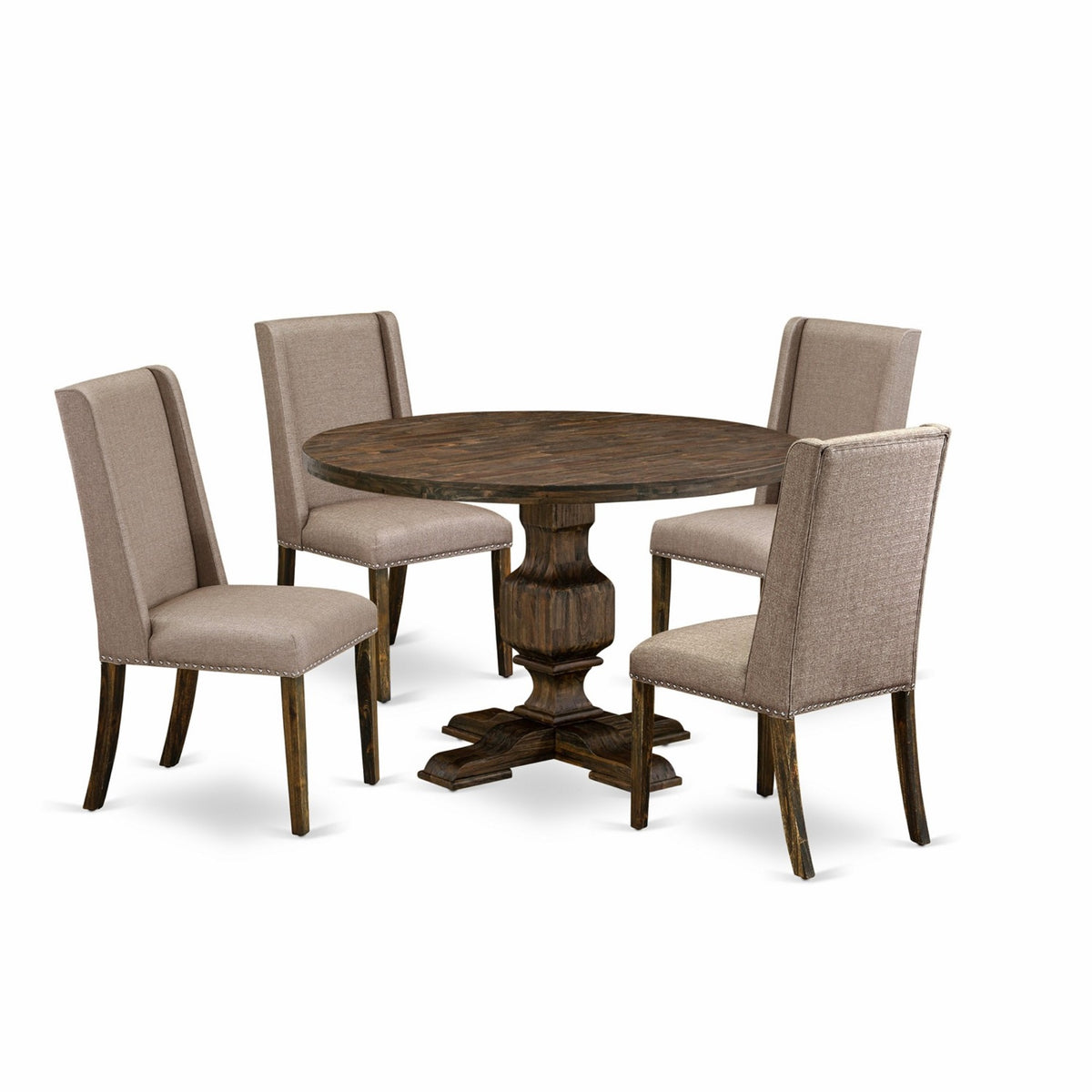 I3Fl5716 5Pc Dining Set  Round Table And 4 Parson Chairs  Distressed Jacobean Color