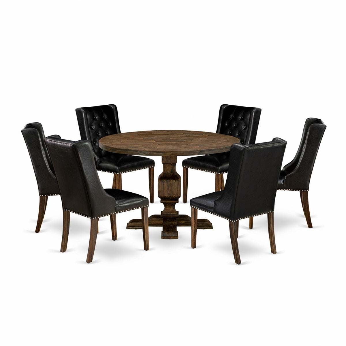 I3Fo7749 7Pc Dining Set  Round Table And 6 Parson Chairs  Distressed Jacobean Color