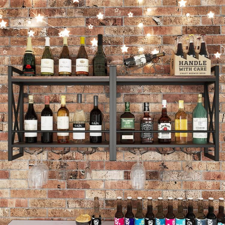 Industrial Rustic Brown Wood Metal 2 Tier Wall Mounted Wine Rack