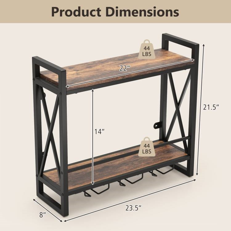 Industrial Rustic Brown Wood Metal 2 Tier Wall Mounted Wine Rack