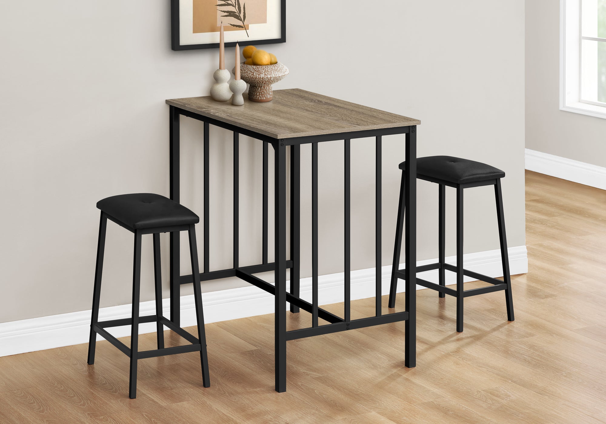 Dining Set, 3pcs Set, Counter Height, 36 Rectangular, Small, Kitchen, Brown Laminate, Black Metal, Contemporary, Modern