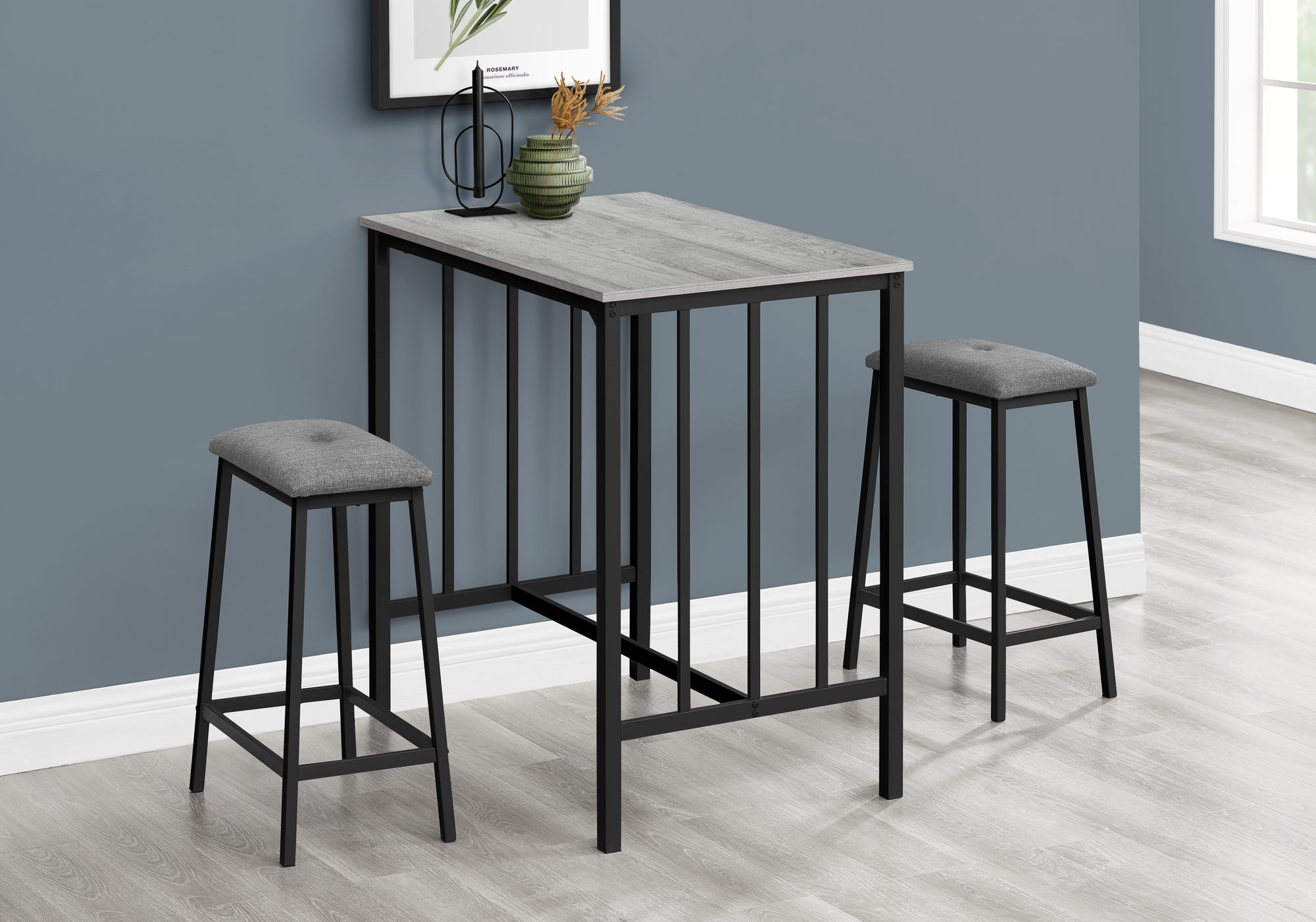 Dining Set, 3pcs Set, Counter Height, 36 Rectangular, Small, Kitchen, Grey Laminate, Black Metal, Contemporary, Modern