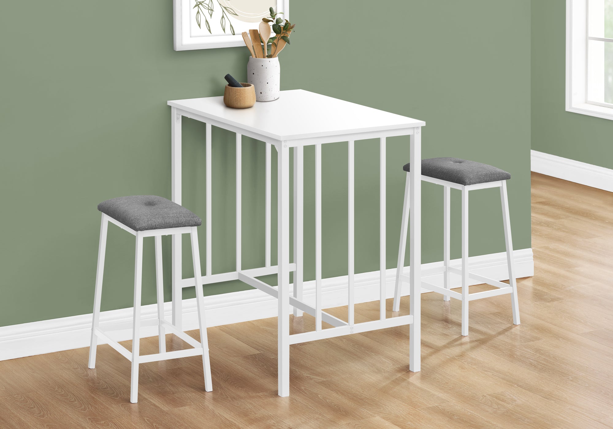 Dining Set, 3pcs Set, Counter Height, 36 Rectangular, Small, Kitchen, White Laminate, White Metal, Contemporary, Modern
