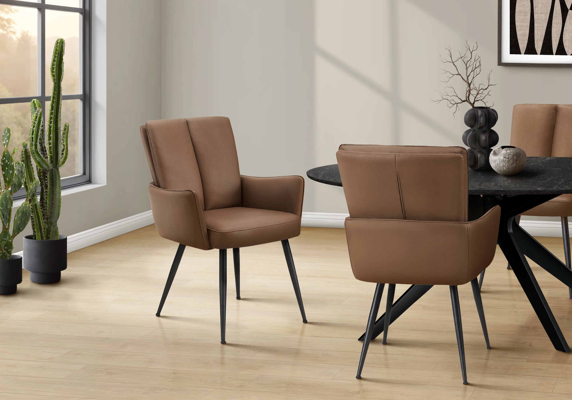 Dining Chair, 36 Height, Set Of 2, Upholstered, Side, Dining Room, Kitchen, Brown Leather Look, Black Metal, Contemporary, Moder