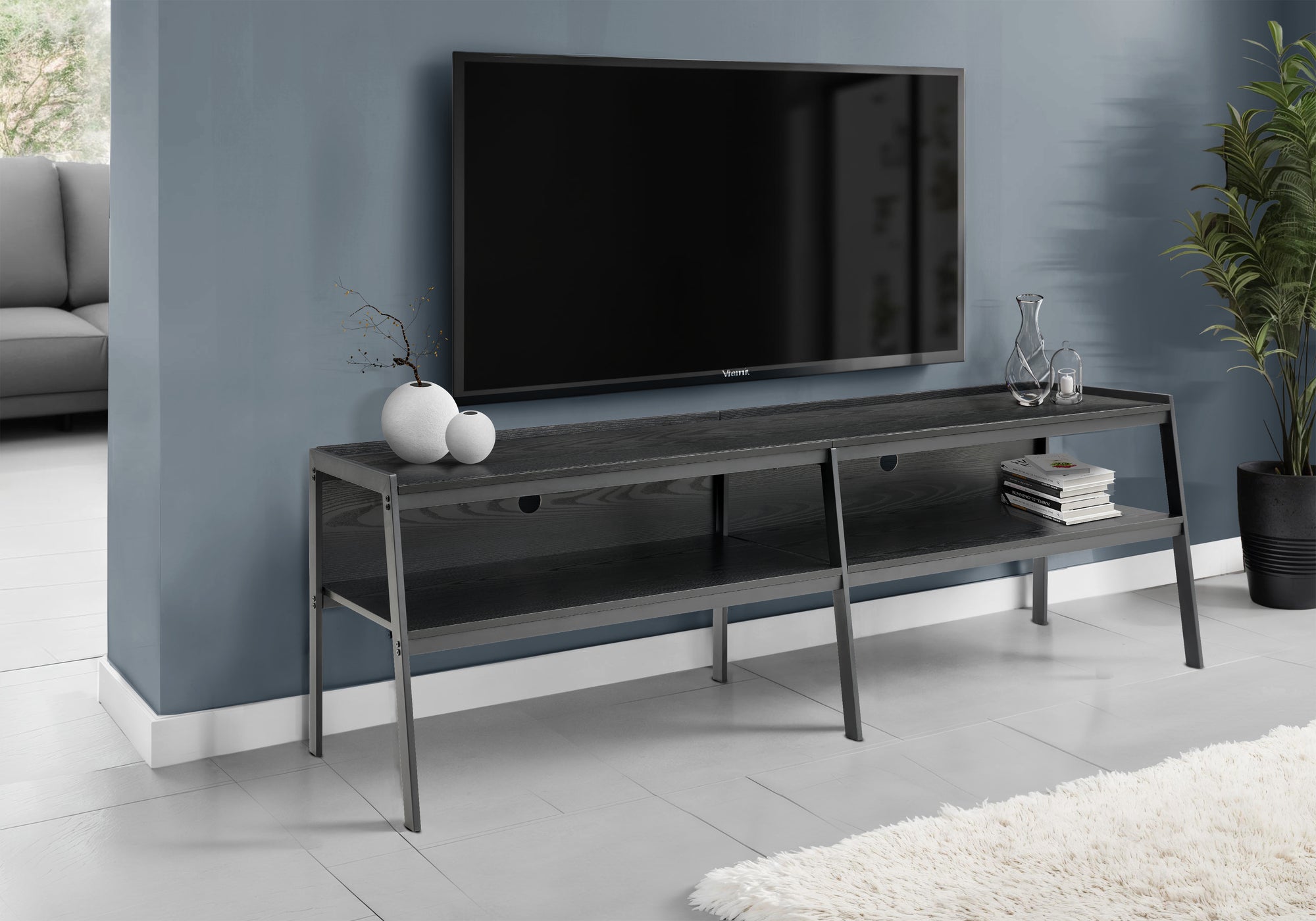 Tv Stand, 72 Inch, Console, Media Entertainment Center, Living Room, Bedroom, Black Wood Laminate, Black Metal, Contemporary, Mo