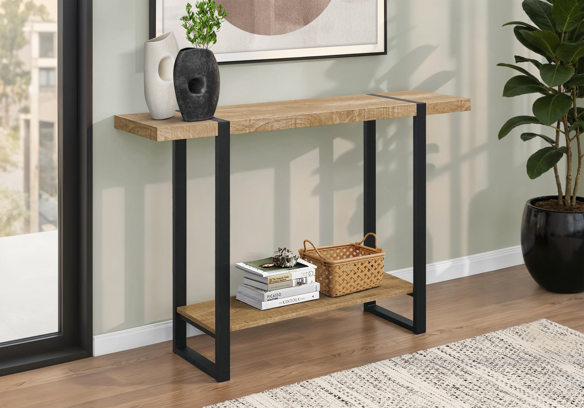 Accent Table, Console, Entryway, Narrow, Sofa, Living Room, Bedroom, Mango Wood-look Laminate, Black Metal, Contemporary, Modern
