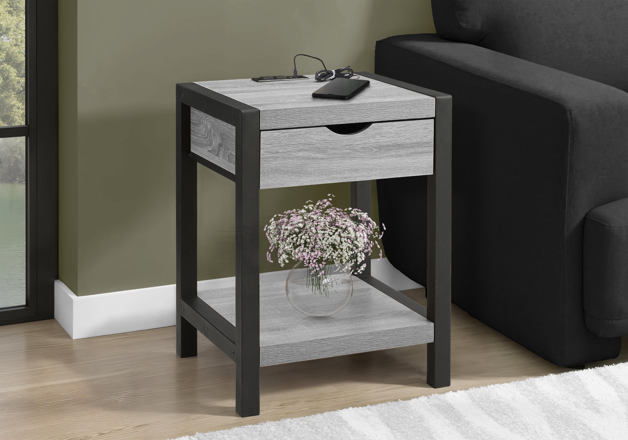 Accent Table, 24H, 2 Tier, End, Side Table, Nightstand, Lamp, Storage Drawer, Grey Laminate, Black Metal, Contemporary