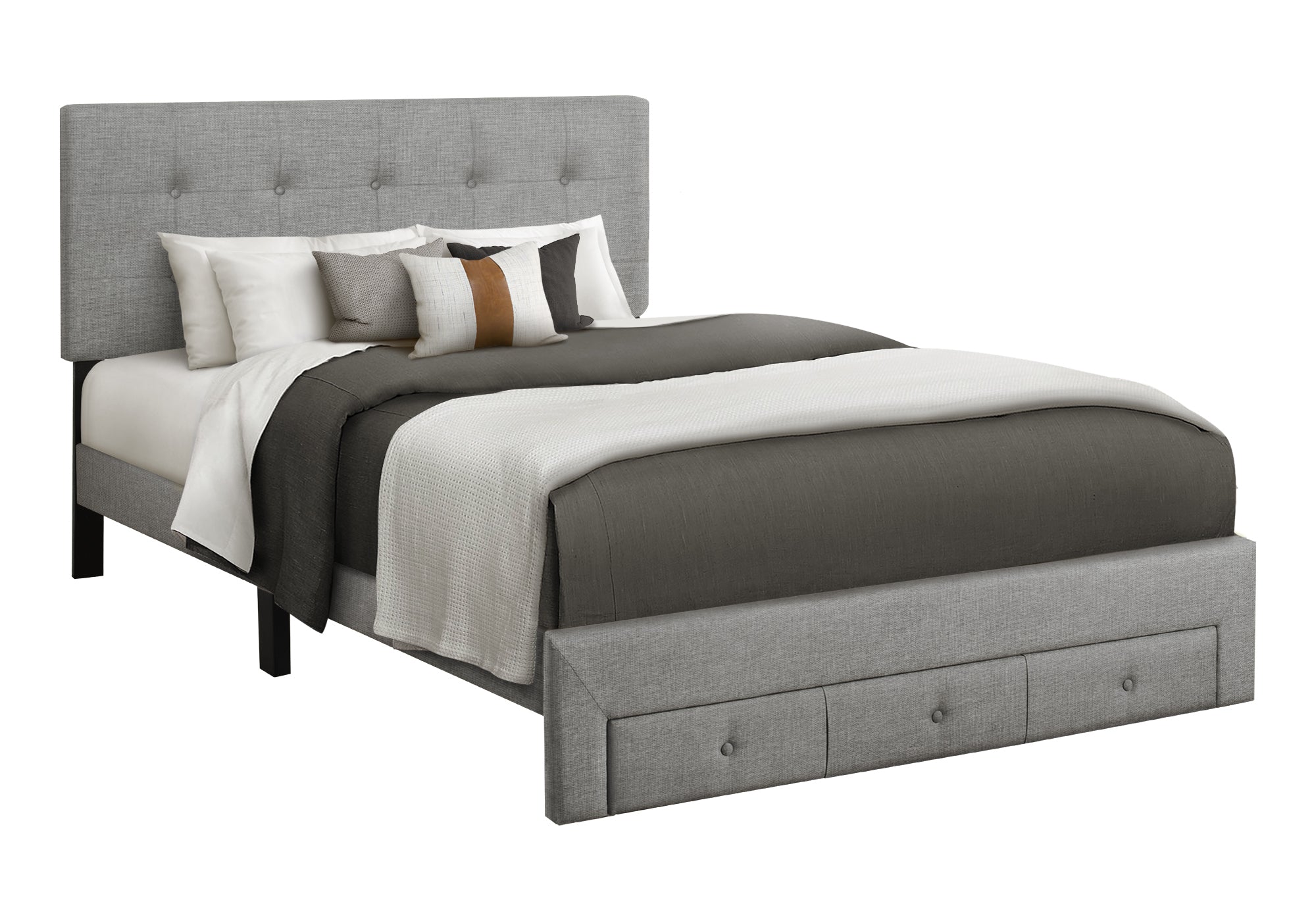 Bed, Queen Size, Platform Bed, Storage Drawers, Upholstered, Frame Only, Bedroom, Grey Linen Look, Transitional
