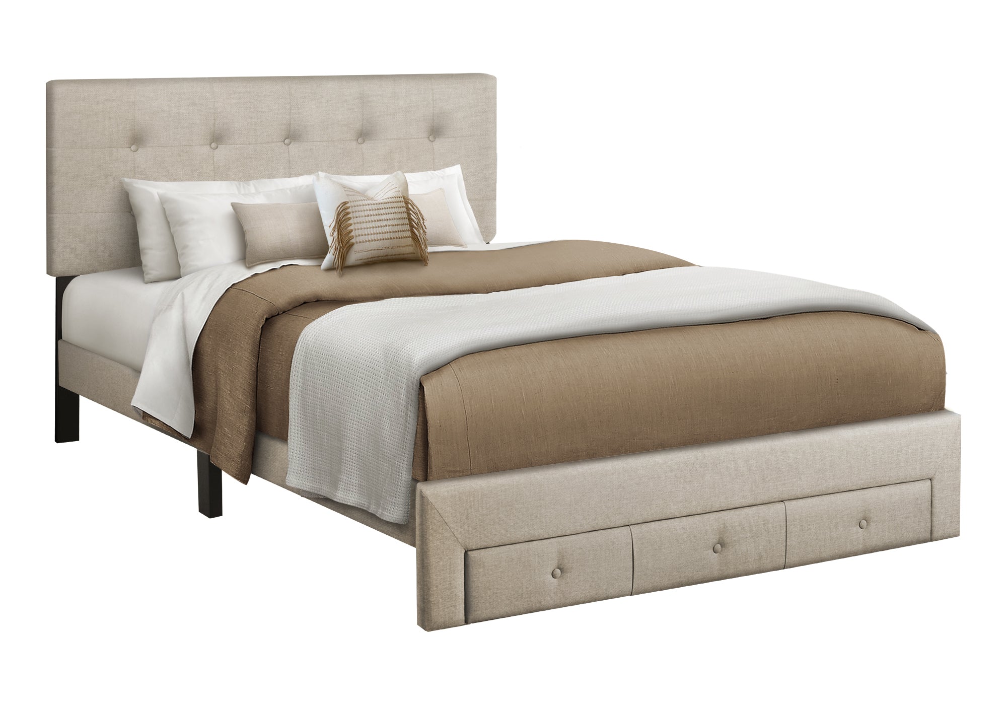 Bed, Queen Size, Platform Bed, Storage Drawers, Upholstered, Frame Only, Bedroom, Beige Linen Look, Transitional