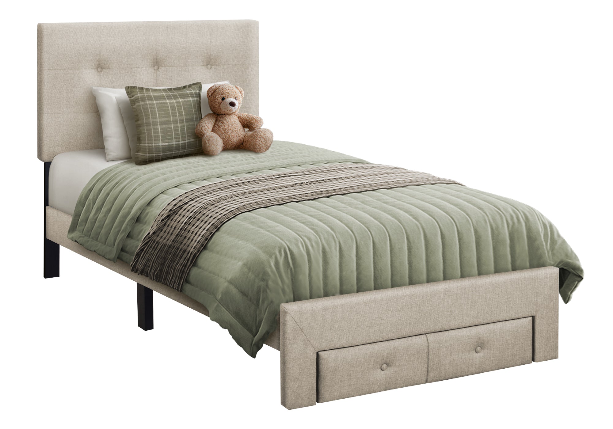 Bed, Twin Size, Platform Bed, Upholstered, Juvenile, Storage Drawers, Frame Only, Bedroom, Beige Linen Look, Transitional
