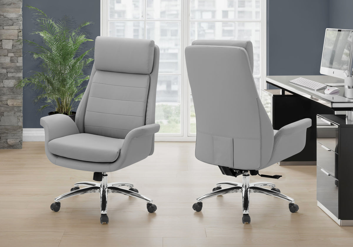 Office Chair, Adjustable Height, Armrests, Ergonomic, Swivel, Computer Desk, Work, Grey Leather Look, Chrome Metal, Contemporary