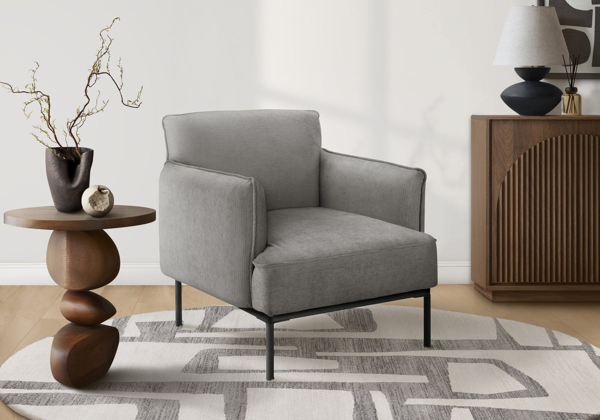 Accent Chair, 33 Inch H, Upholstered, Living Room, Bedroom, Light Grey Fabric, Black Metal Legs, Contemporary, Modern