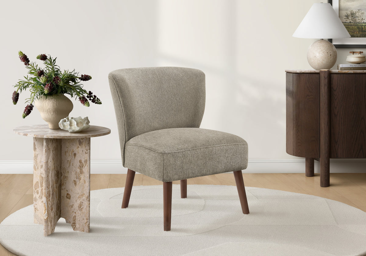 Accent Chair, 33 Inch H, Upholstered, Living Room, Bedroom, Light Brown Fabric, Walnut Solid Wood Legs, Mid Century, Modern