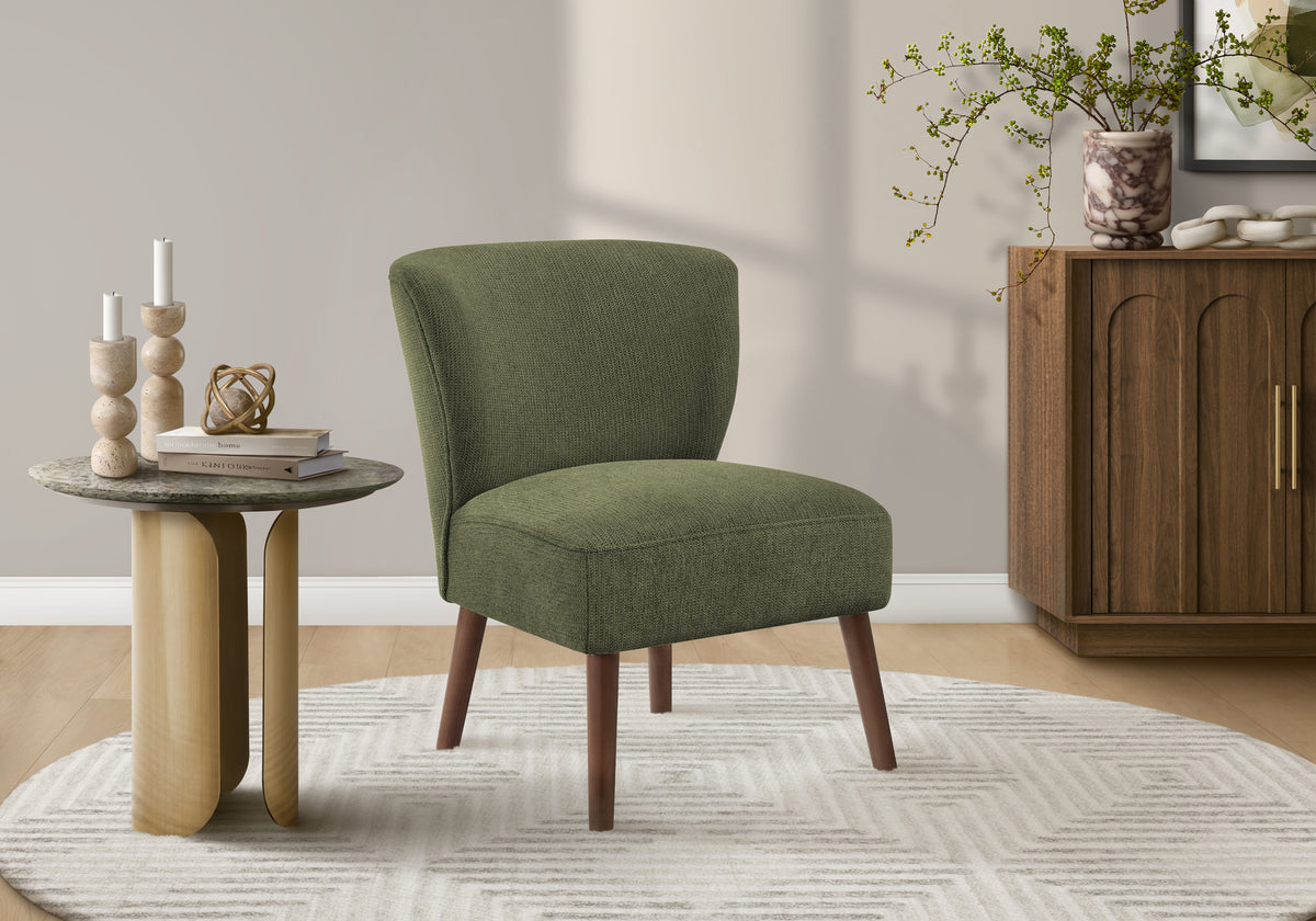 Accent Chair, 33 Inch H, Upholstered, Living Room, Bedroom, Green Fabric, Walnut Solid Wood Legs, Mid Century, Modern