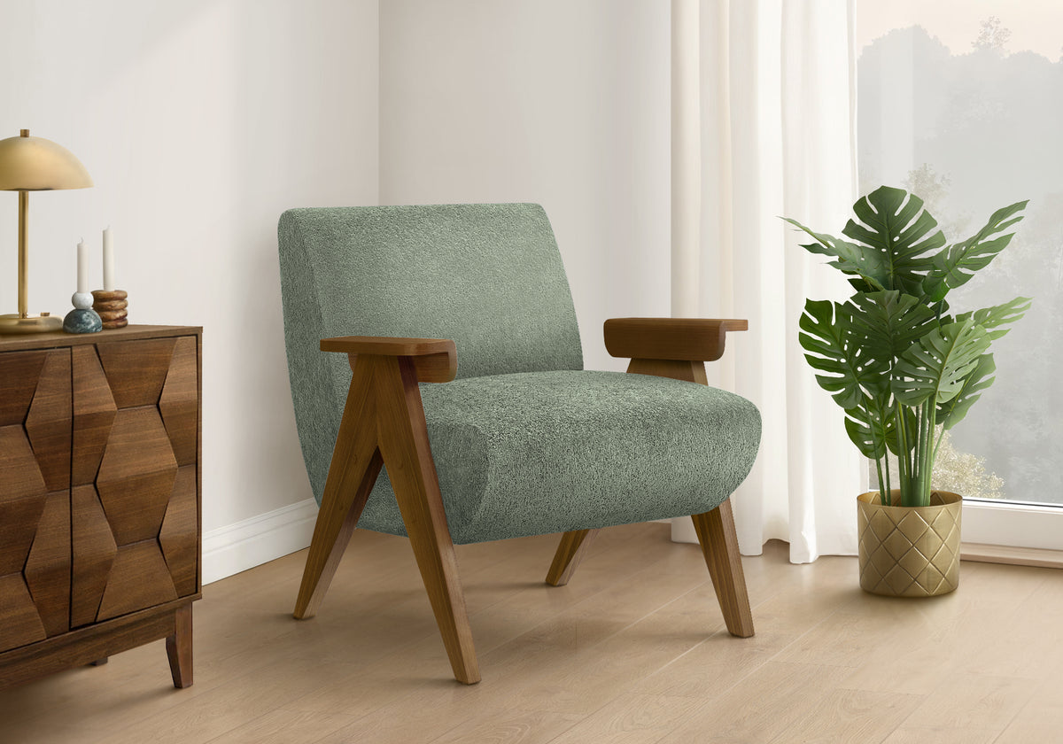 Accent Chair, 31 InchH, Upholstered, Living Room, Bedroom, Green Fabric, Brown Walnut Solid Wood, Modern, Mid Century