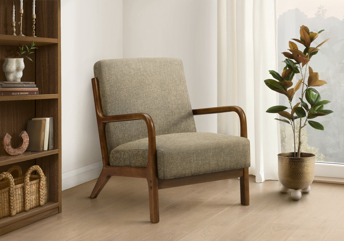 Accent Chair, 34H, Upholstered, Living Room, Bedroom, Light Brown Fabric, Brown Walnut Solid Wood, Modern, Mid Century