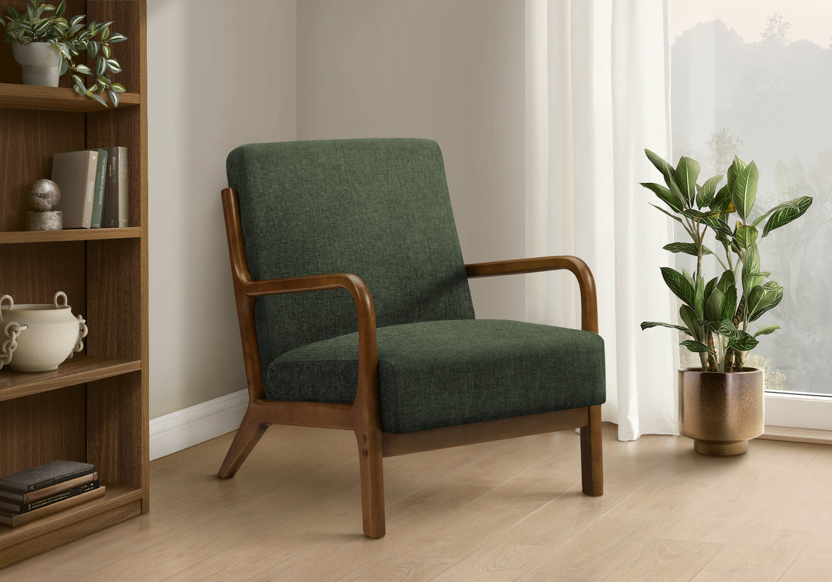 Accent Chair, 34 InchH, Upholstered, Living Room, Bedroom, Green Fabric, Brown Walnut Solid Wood, Modern, Mid Century