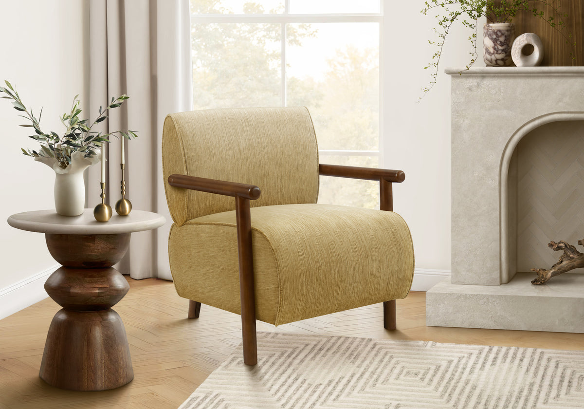 Accent Chair, 31 InchH, Upholstered, Living Room, Bedroom, Gold Fabric, Brown Walnut Solid Wood, Modern, Mid Century