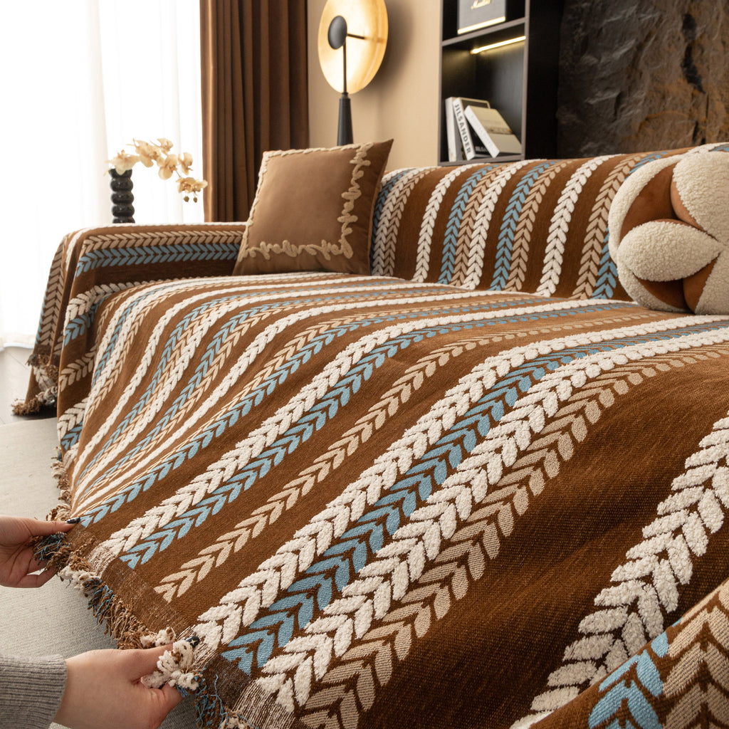 Cozy Decorative Throw Blanket for Couches, Boho Plush Woven Sofa Cover with Stripes