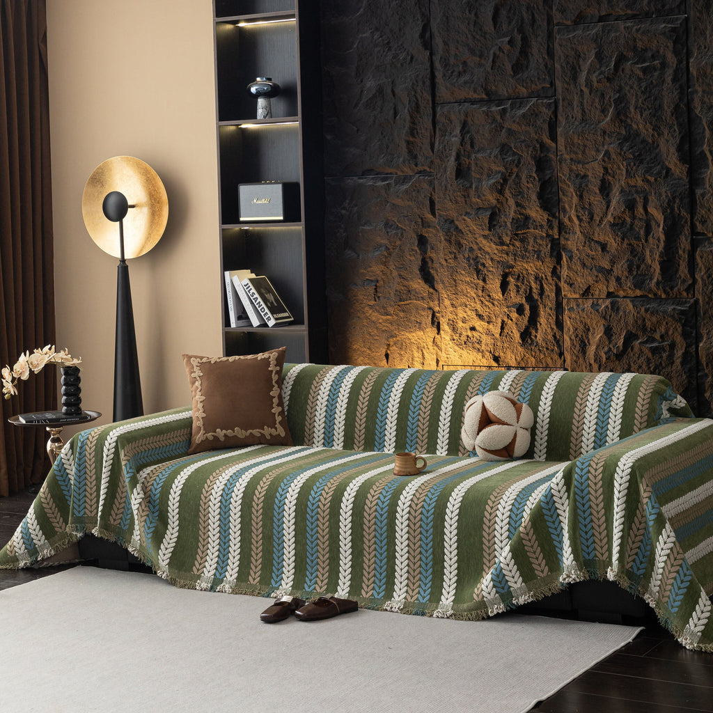 Cozy Decorative Throw Blanket for Couches, Boho Plush Woven Sofa Cover with Stripes