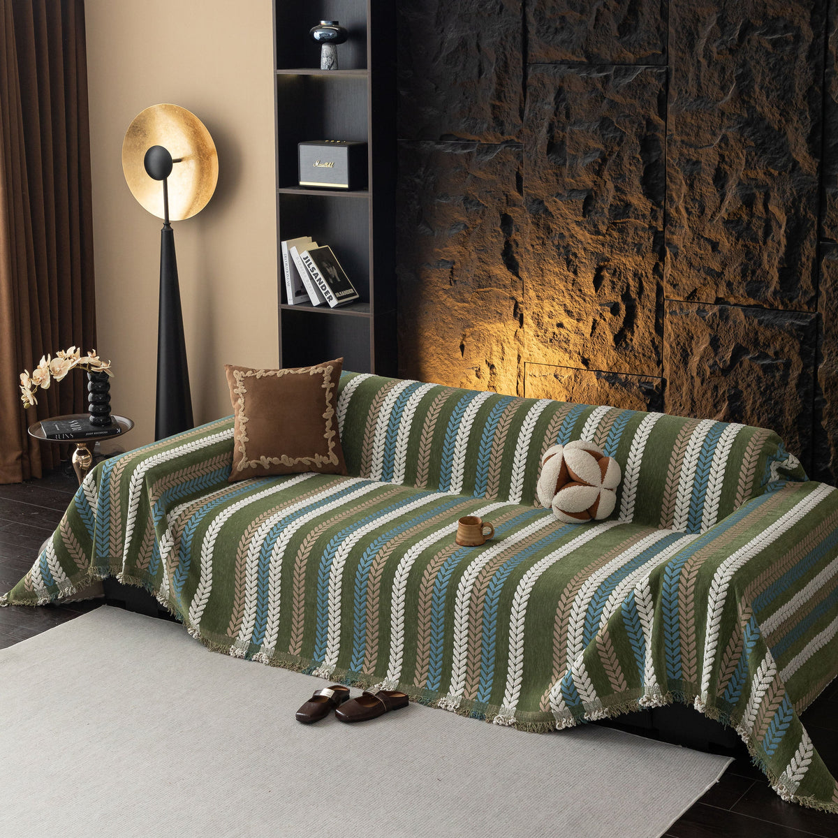 Cozy Decorative Throw Blanket for Couches, Boho Plush Woven Sofa Cover with Stripes