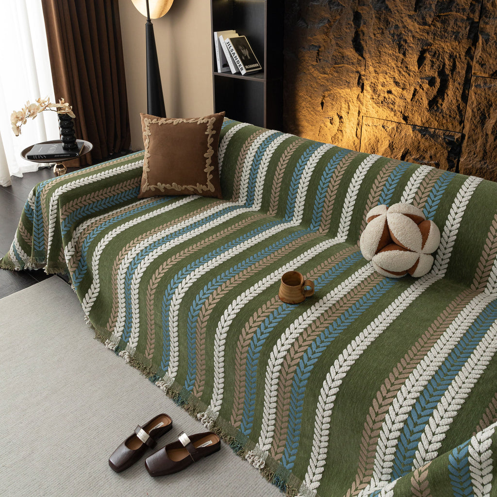 Cozy Decorative Throw Blanket for Couches, Boho Plush Woven Sofa Cover with Stripes