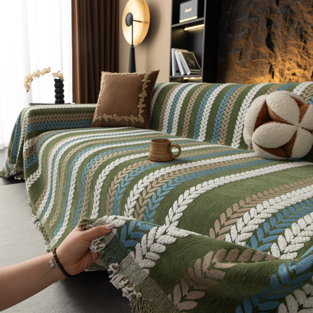 Cozy Decorative Throw Blanket for Couches, Boho Plush Woven Sofa Cover with Stripes