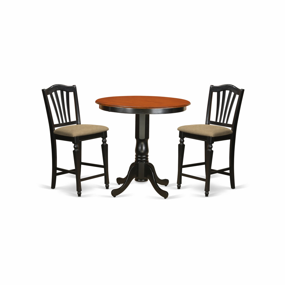 East West Furniture JACH3-BLK-C 3 Piece Counter Height Dining Table Set Contains a Round Wooden Table with Pedestal and 2 Linen Fabric Kitchen Dining Chairs, 36x36 Inch, Black & Cherry