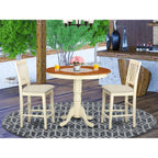 East West Furniture JAVN3-WHI-C 3 Piece Counter Height Pub Set for Small Spaces Contains a Round Wooden Table with Pedestal and 2 Linen Fabric Upholstered Chairs, 36x36 Inch, Buttermilk & Cherry