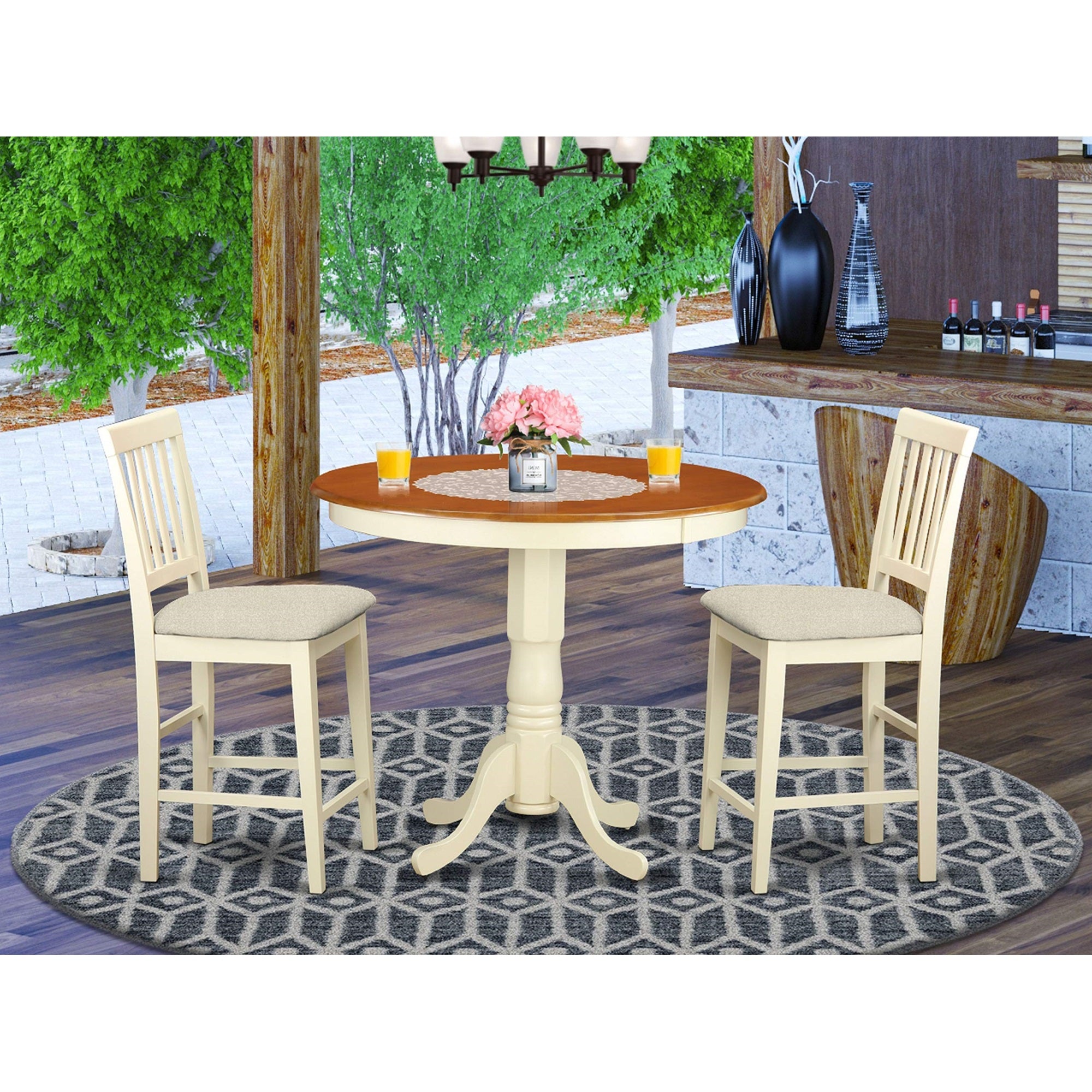 East West Furniture JAVN3-WHI-C 3 Piece Counter Height Pub Set for Small Spaces Contains a Round Wooden Table with Pedestal and 2 Linen Fabric Upholstered Chairs, 36x36 Inch, Buttermilk & Cherry