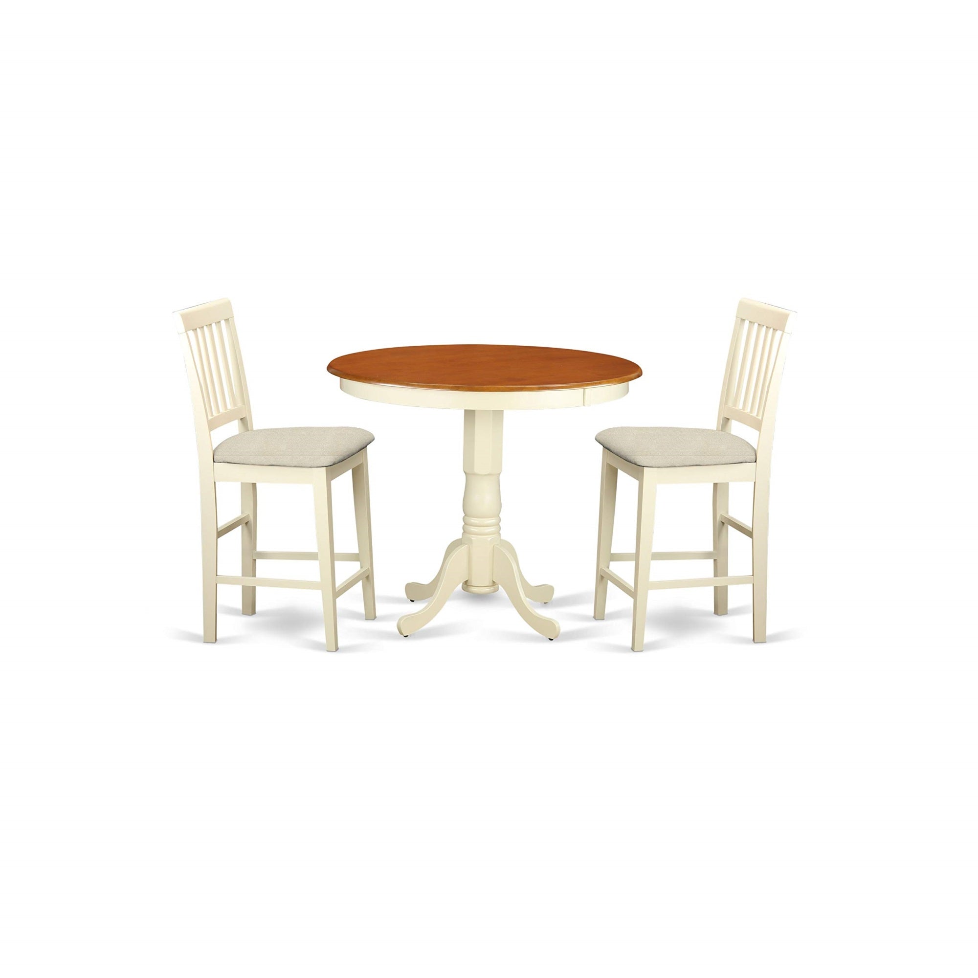 East West Furniture JAVN3-WHI-C 3 Piece Counter Height Pub Set for Small Spaces Contains a Round Wooden Table with Pedestal and 2 Linen Fabric Upholstered Chairs, 36x36 Inch, Buttermilk & Cherry