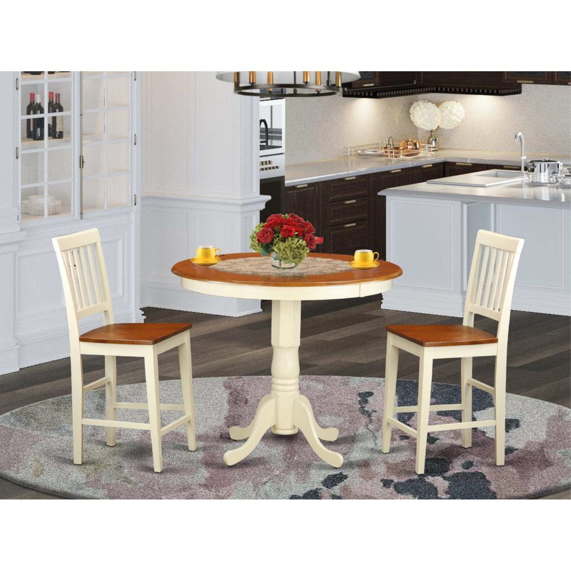 East West Furniture JAVN3-WHI-W 3 Piece Counter Height Dining Set for Small Spaces Contains a Round Dining Room Table with Pedestal and 2 Wooden Seat Chairs, 36x36 Inch, Buttermilk & Cherry