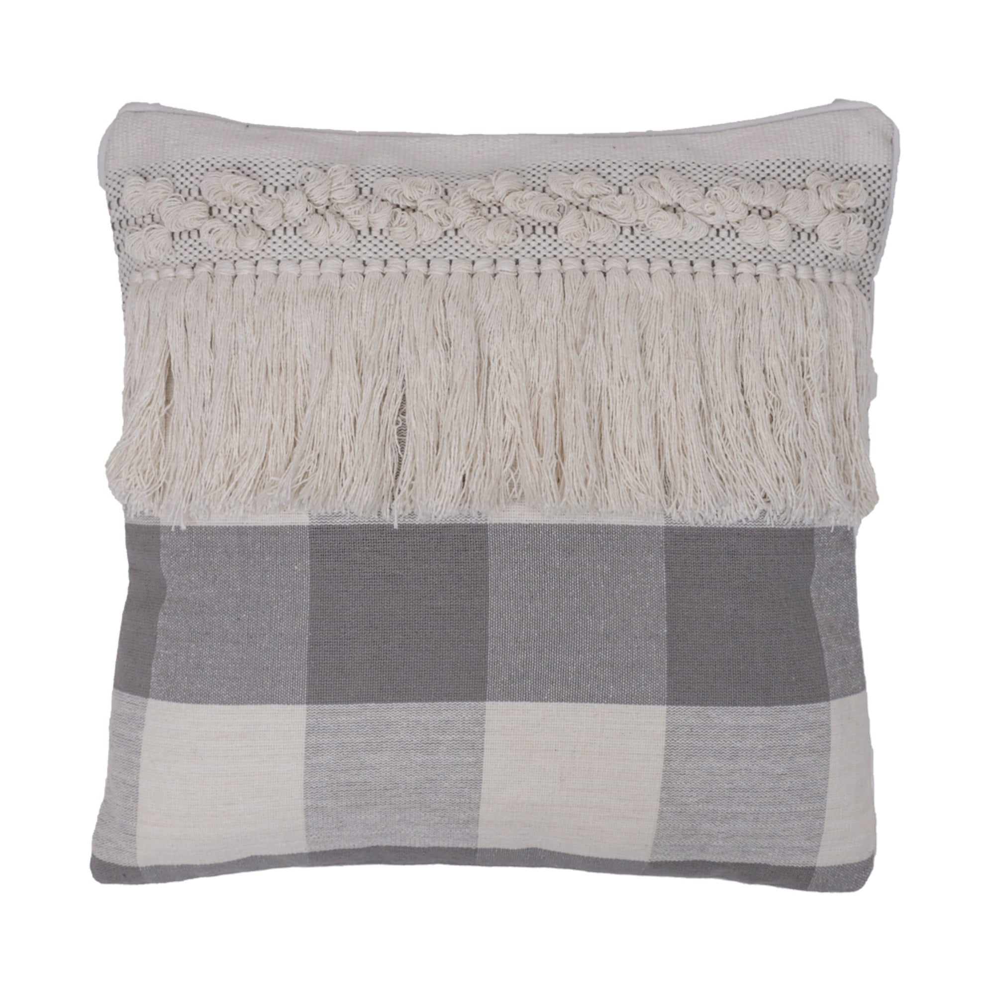 18'X18' Grey Plaid Fringe Cotton Pillow