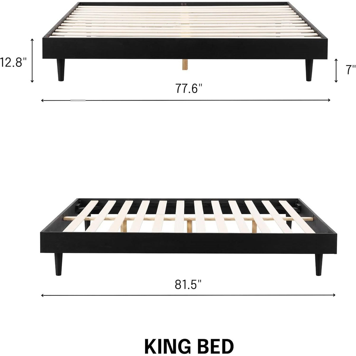 King size Mid-Century Modern Platform Bed Frame in Black Wood Finish