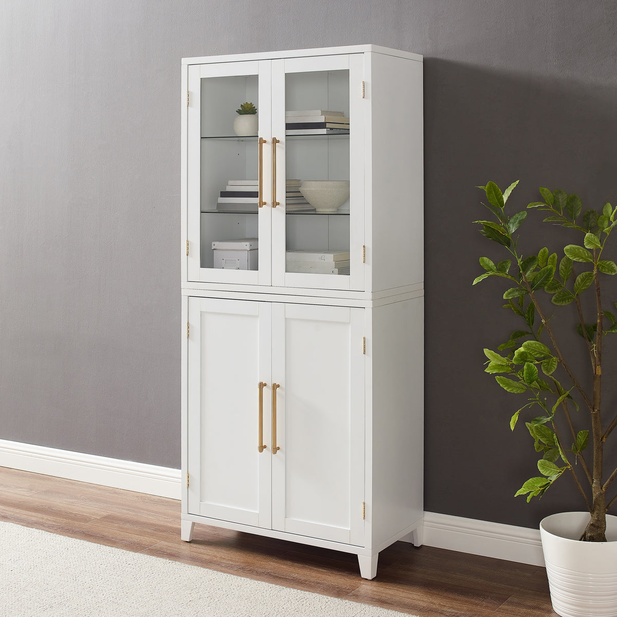 Elegant Roarke Kitchen Pantry Storage Cabinet With Glass Door Hutch  Adjustable Shelves, Bar Hardware, Cable Management  Perfe