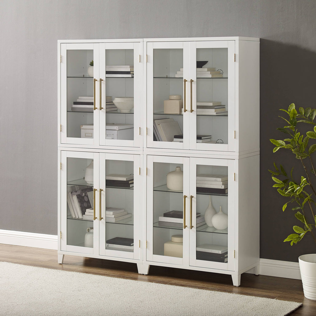 Roarke 2Pc Kitchen Pantry Storage Cabinet Set  Elegant Glass Doors, Adjustable Shelves, Bar Hardware, Cable Management Holes