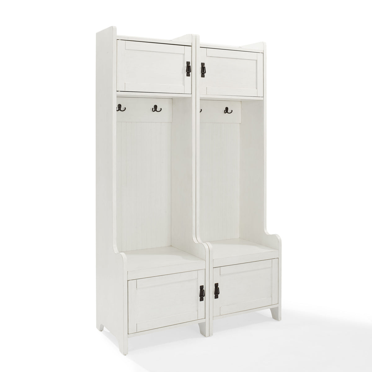 Fremont Entryway Kit  2 Towers With Coat Hooks, Sliding Cubby, Swing Door Storage, Top Shelf  Create A Cohesive Look. (Wood Du