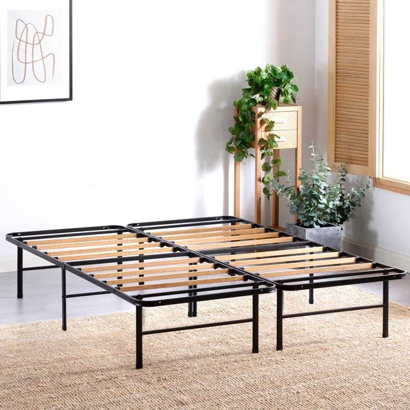 King size Metal Bed Frame with Bamboo Wood Slats