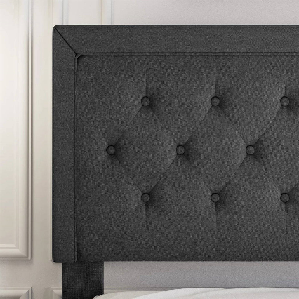 King Black Linen Upholstered Platform Bed Frame with Button-Tufted Headboard