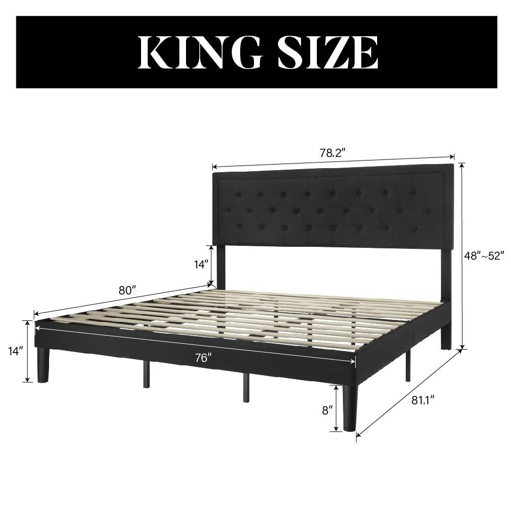 King Black Linen Upholstered Platform Bed Frame with Button-Tufted Headboard