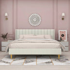 King Mid-Century Platform Bed Frame with Cream Velvet Upholstered Headboard