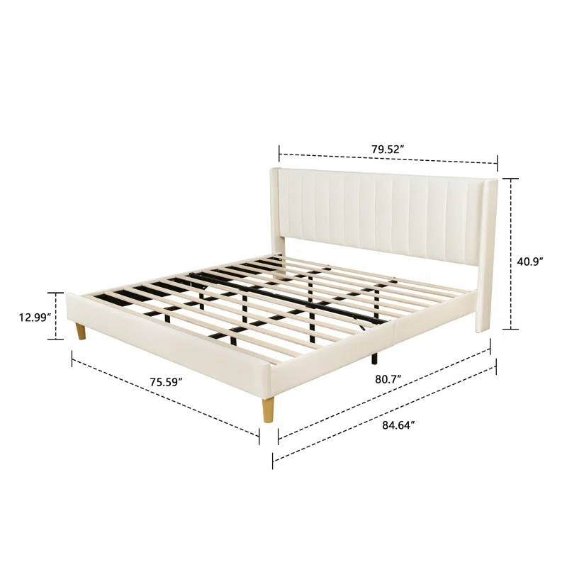 King Mid-Century Platform Bed Frame with Cream Velvet Upholstered Headboard