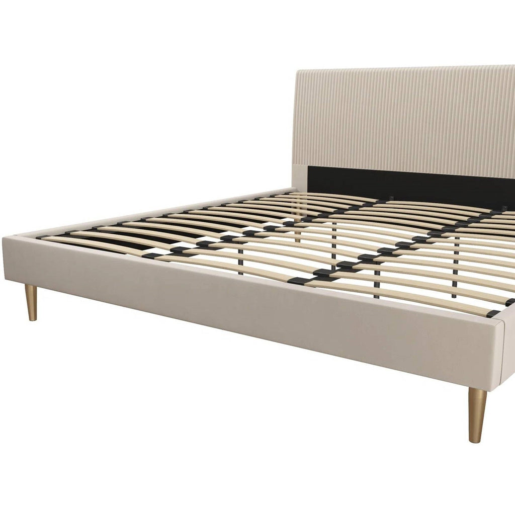 King Mid-Century Off-White Velvet Upholstered Platform Bed Frame with Headboard