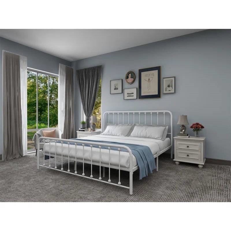King White Metal Platform Bed Frame with Rounded Corners Headboard Footboard